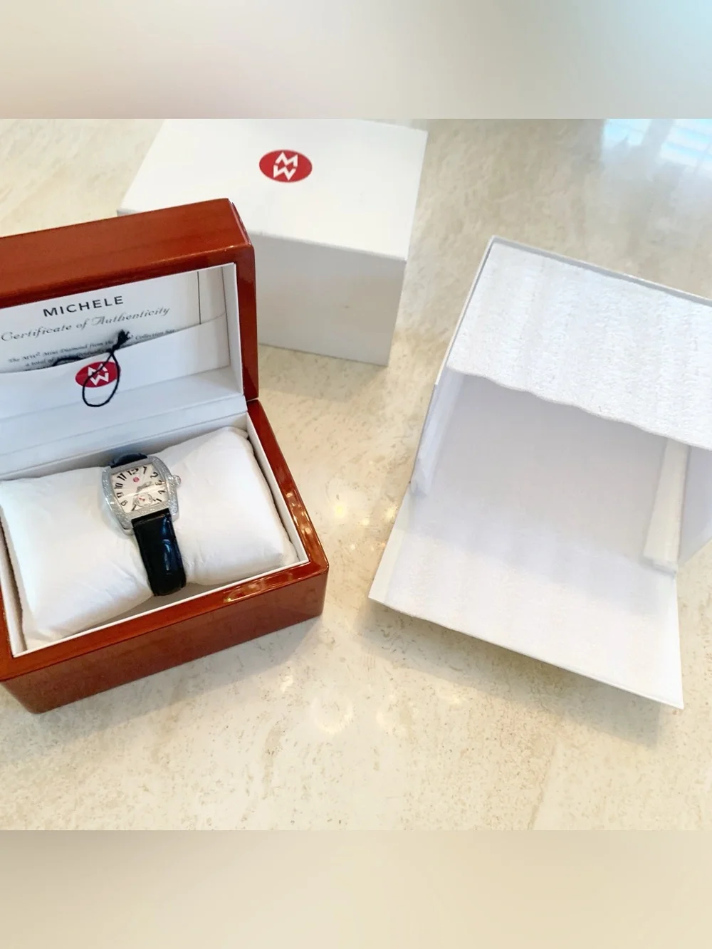 Michele Silver Crystal-Trim Watch with Black Leather Strap